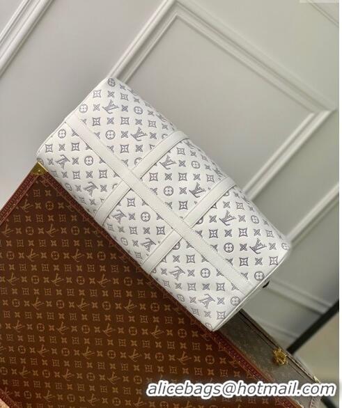 Famous Brand Louis Vuitton Keepall Bandoulière 50 Travel bag in Monogram Shadow Calfskin M24954 White/Navy Blue 2024