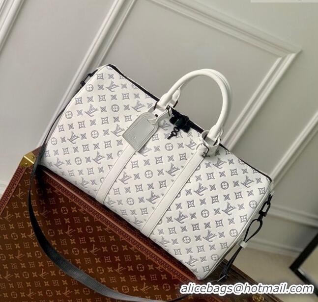 Famous Brand Louis Vuitton Keepall Bandoulière 50 Travel bag in Monogram Shadow Calfskin M24954 White/Navy Blue 2024