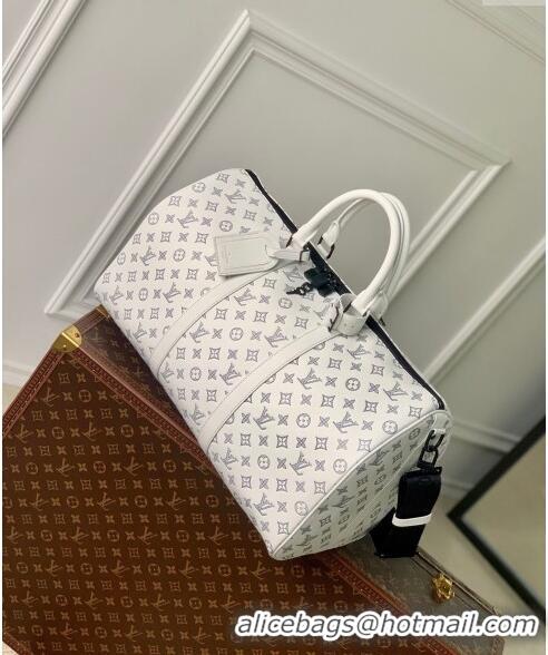 Famous Brand Louis Vuitton Keepall Bandoulière 50 Travel bag in Monogram Shadow Calfskin M24954 White/Navy Blue 2024