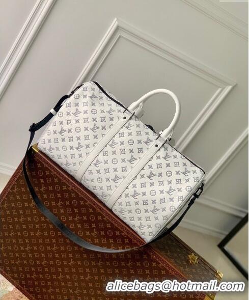 Famous Brand Louis Vuitton Keepall Bandoulière 50 Travel bag in Monogram Shadow Calfskin M24954 White/Navy Blue 2024