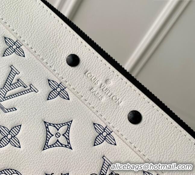 Unique Grade Louis Vuitton Gaston Wearable Wallet Mini bag in Monogram Shadow Calfskin M83384 White/Navy Blue 2024