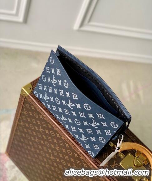 Top Grade Louis Vuitton Pochette To-Go Pouch in Monogram Shadow Calfskin M83382 Ink Blue/White 2024