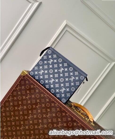 Top Grade Louis Vuitton Pochette To-Go Pouch in Monogram Shadow Calfskin M83382 Ink Blue/White 2024