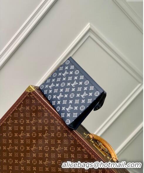 Top Grade Louis Vuitton Pochette To-Go Pouch in Monogram Shadow Calfskin M83382 Ink Blue/White 2024