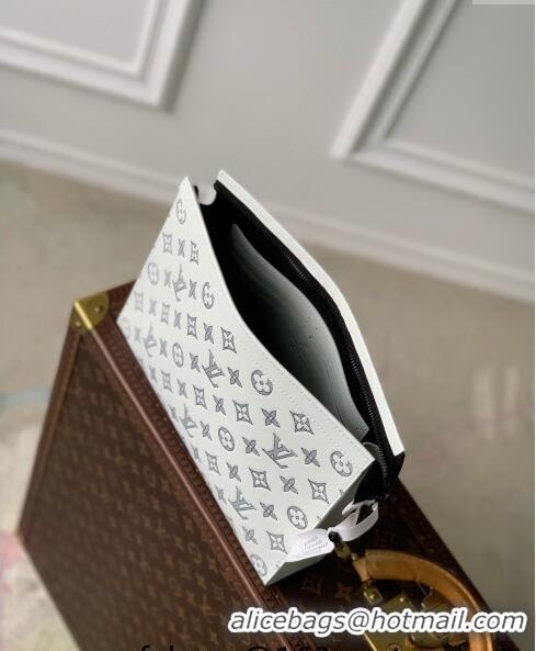 Famous Brand Louis Vuitton Pochette To-Go Pouch in Monogram Shadow Calfskin M83382 White/Navy Blue 2024