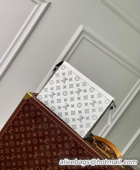 Famous Brand Louis Vuitton Pochette To-Go Pouch in Monogram Shadow Calfskin M83382 White/Navy Blue 2024