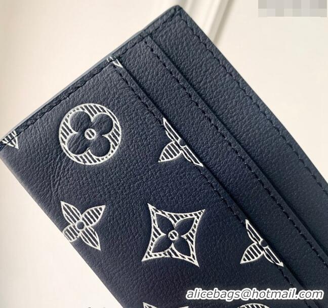 Good Quality Louis Vuitton Double Card Holder Wallet in Monogram Shadow Calfskin M83700 Ink Blue/White 2024