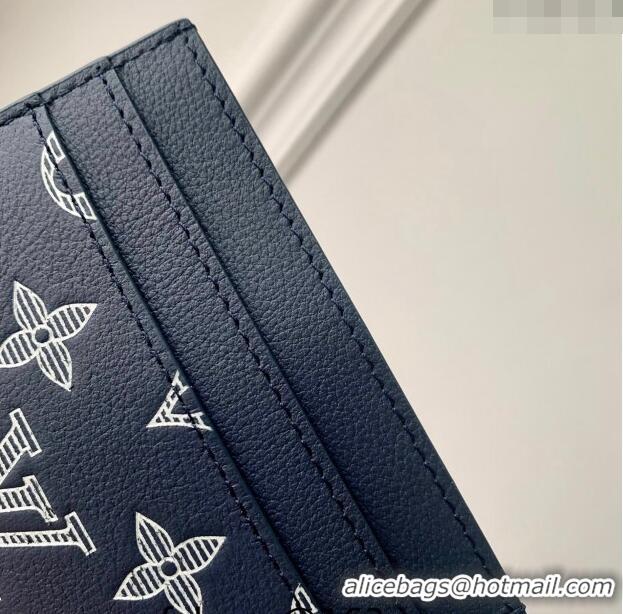 Good Quality Louis Vuitton Double Card Holder Wallet in Monogram Shadow Calfskin M83700 Ink Blue/White 2024