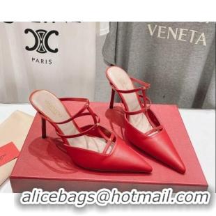 Pretty Style Valentino Rockstud Wispy Calfskin Leather Heel Mules 9cm Red 429142