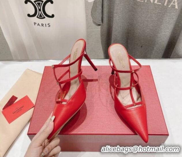 Pretty Style Valentino Rockstud Wispy Calfskin Leather Heel Mules 9cm Red 429142