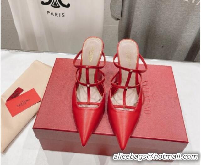 Pretty Style Valentino Rockstud Wispy Calfskin Leather Heel Mules 9cm Red 429142