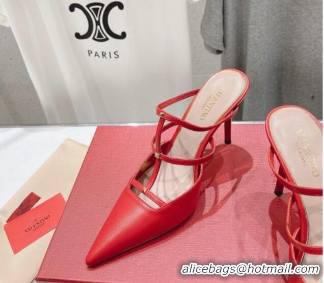 Pretty Style Valentino Rockstud Wispy Calfskin Leather Heel Mules 9cm Red 429142