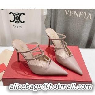 Discount Valentino Rockstud Wispy Calfskin Leather Heel Mules 9cm Dusty Pink 429143