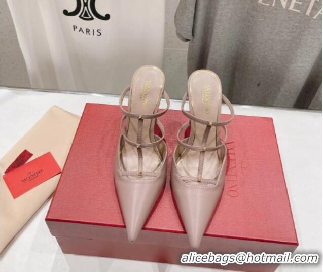 Discount Valentino Rockstud Wispy Calfskin Leather Heel Mules 9cm Dusty Pink 429143