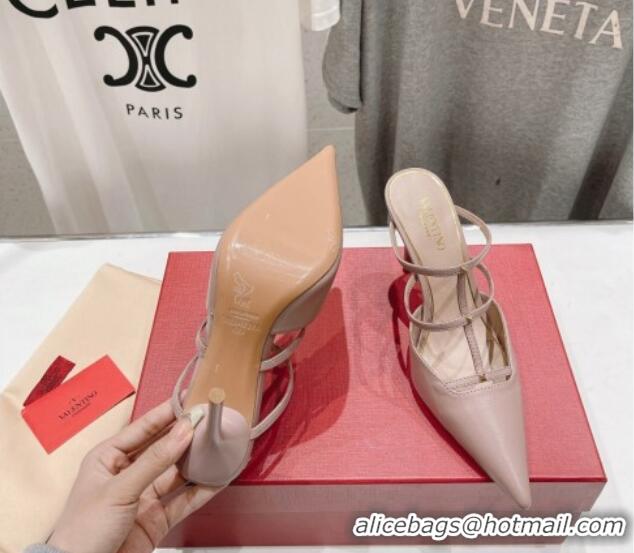 Discount Valentino Rockstud Wispy Calfskin Leather Heel Mules 9cm Dusty Pink 429143