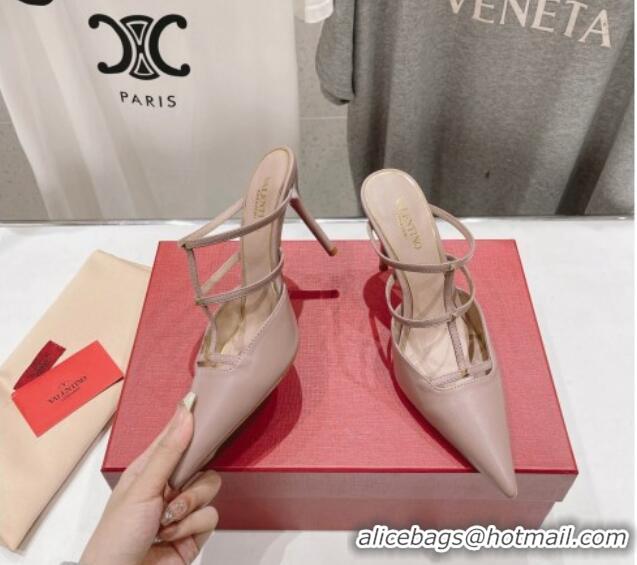 Discount Valentino Rockstud Wispy Calfskin Leather Heel Mules 9cm Dusty Pink 429143