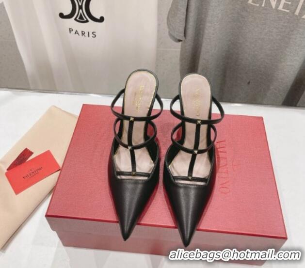 Luxurious Valentino Rockstud Wispy Calfskin Leather Heel Mules 9cm Black 429145