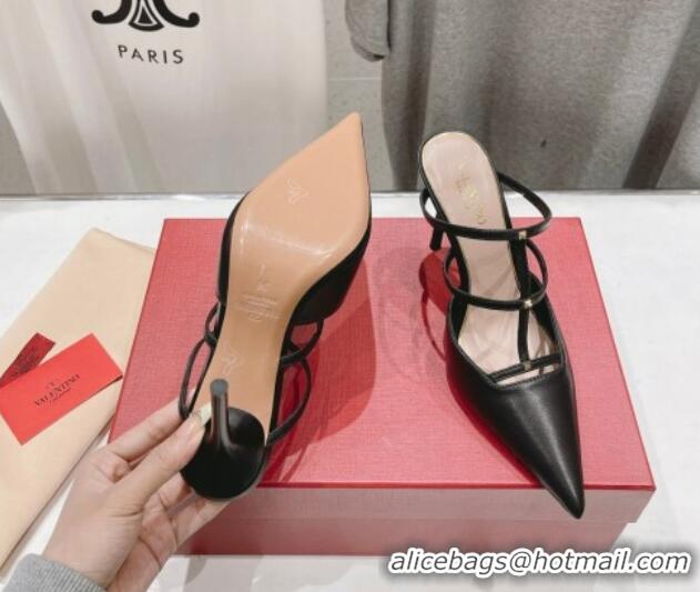 Luxurious Valentino Rockstud Wispy Calfskin Leather Heel Mules 9cm Black 429145