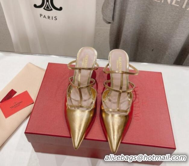 Stylish Valentino Rockstud Wispy Calfskin Heel Mules 6cm Gold 429147