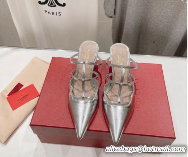 Perfect Valentino Rockstud Wispy Calfskin Heel Mules 6cm Silver 429148