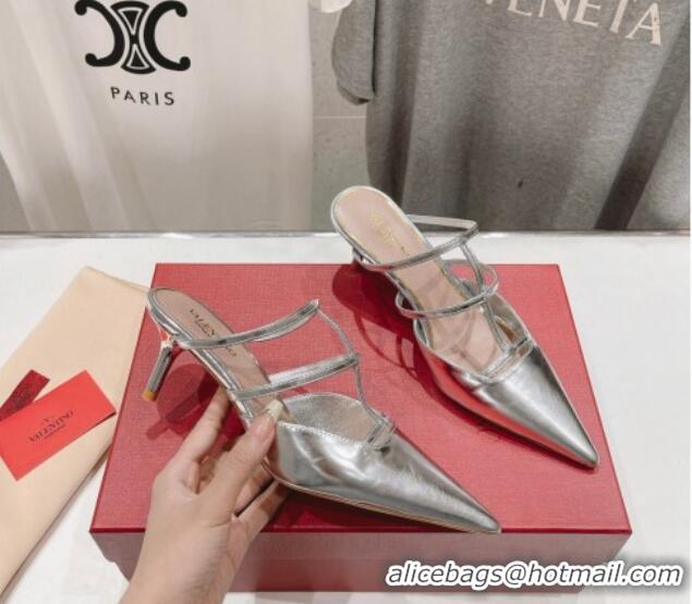 Perfect Valentino Rockstud Wispy Calfskin Heel Mules 6cm Silver 429148