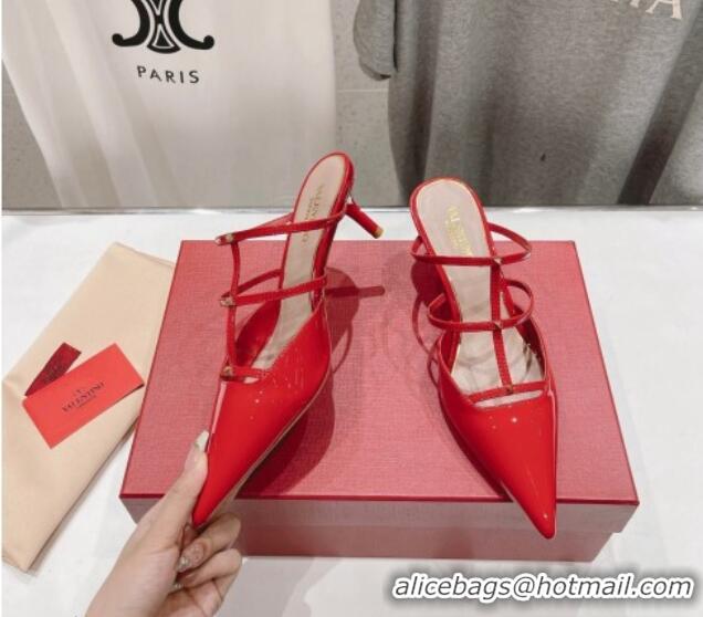 Sumptuous Valentino Rockstud Wispy Patent Calfskin Heel Mules 6cm Red 429149