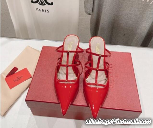 Sumptuous Valentino Rockstud Wispy Patent Calfskin Heel Mules 6cm Red 429149