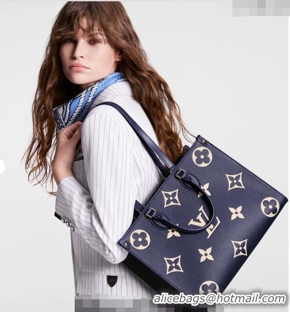 Top Quality Louis Vuitton OnTheGo MM Tote Bag in Monogram Empreinte Leather Navy Blue/White M47084 2024