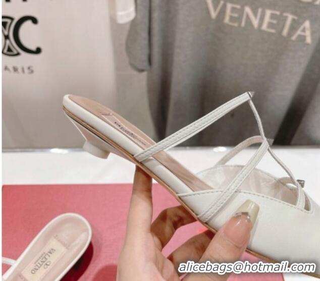 Top Grade Valentino Rockstud Wispy Calfskin Leather Heel Mules 2.5cm White 429151