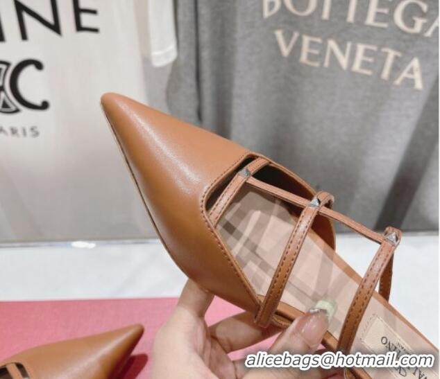 Durable Valentino Rockstud Wispy Calfskin Leather Heel Mules 2.5cm Brown 429152