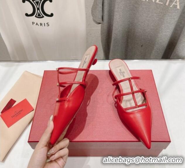 Grade Valentino Rockstud Wispy Calfskin Leather Heel Mules 2.5cm Red 429155