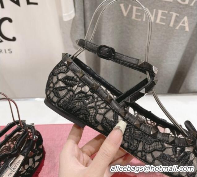 Hot Style Valentino Rockstud Embroidered Mesh Ballerinas Flat with Ankle Strap Black 429156