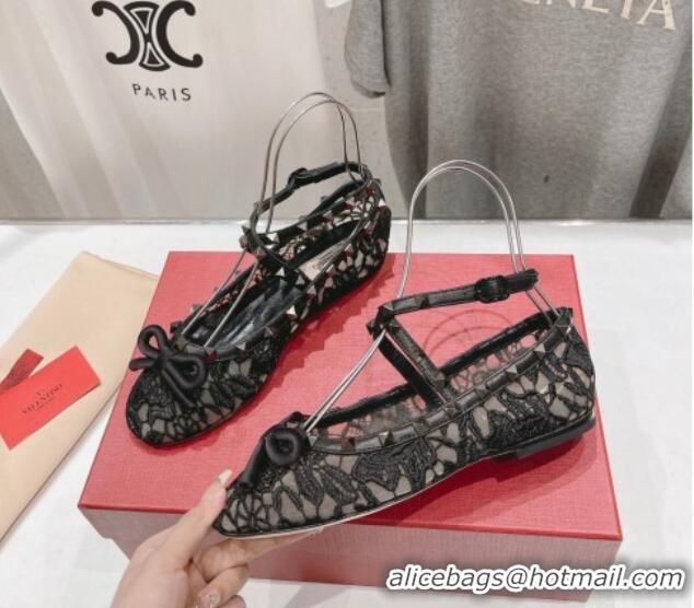 Hot Style Valentino Rockstud Embroidered Mesh Ballerinas Flat with Ankle Strap Black 429156