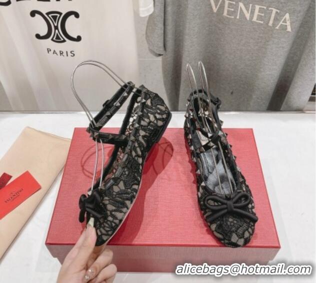 Hot Style Valentino Rockstud Embroidered Mesh Ballerinas Flat with Ankle Strap Black 429156