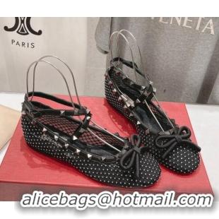 Luxurious Valentino Rockstud Mesh Ballerinas Flat with Strass and Ankle Strap Black 429157