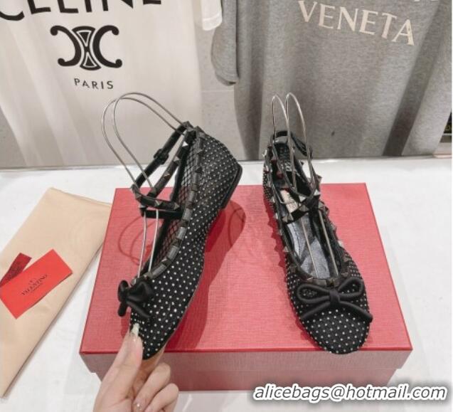 Luxurious Valentino Rockstud Mesh Ballerinas Flat with Strass and Ankle Strap Black 429157