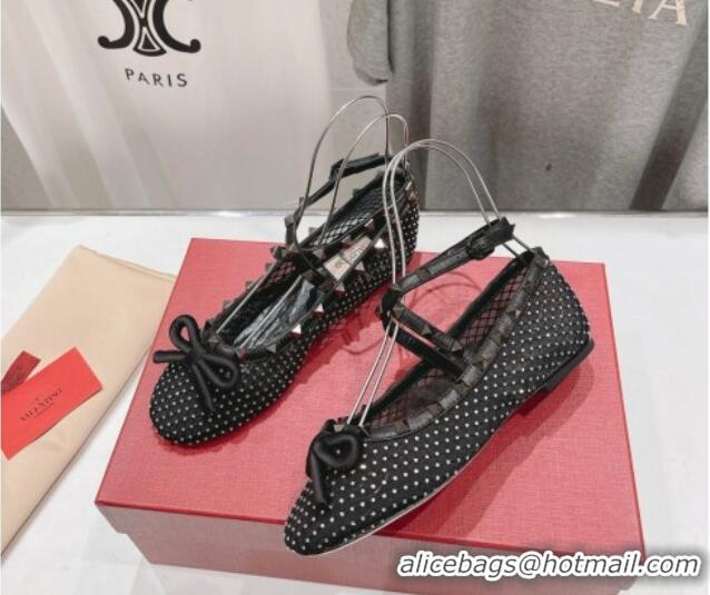 Luxurious Valentino Rockstud Mesh Ballerinas Flat with Strass and Ankle Strap Black 429157