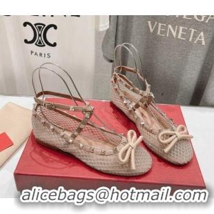 Durable Valentino Rockstud Mesh Ballerinas Flat with Strass and Ankle Strap Rose Beige 429158