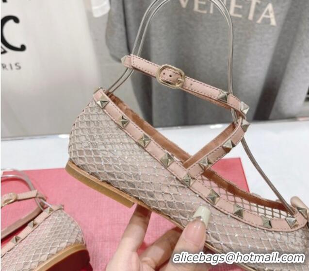 Durable Valentino Rockstud Mesh Ballerinas Flat with Strass and Ankle Strap Rose Beige 429158