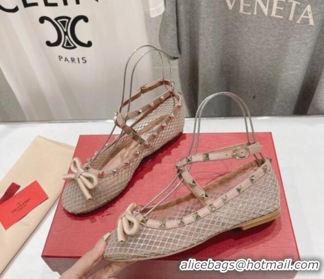 Durable Valentino Rockstud Mesh Ballerinas Flat with Strass and Ankle Strap Rose Beige 429158