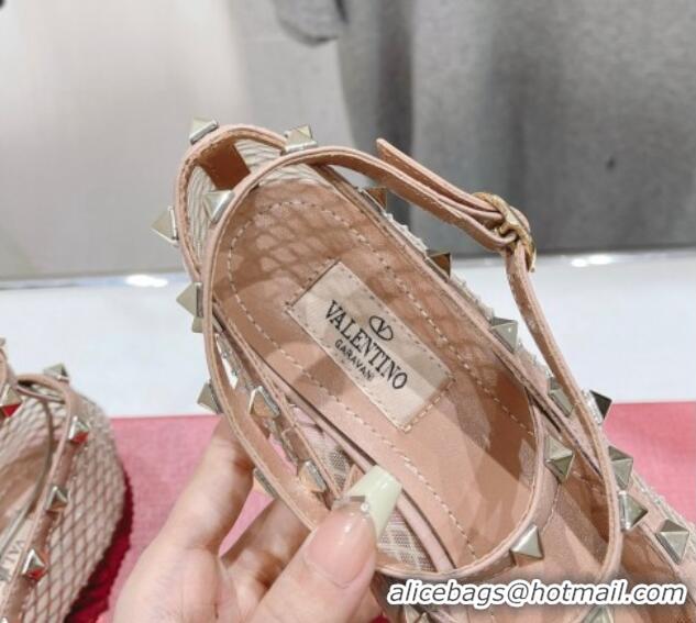 Durable Valentino Rockstud Mesh Ballerinas Flat with Strass and Ankle Strap Rose Beige 429158