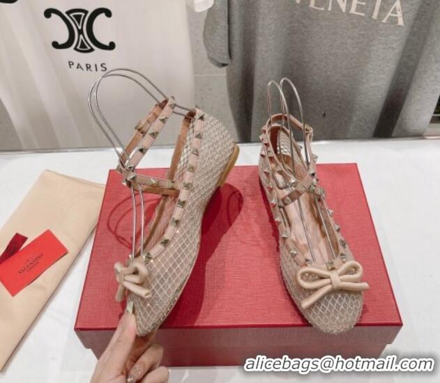 Durable Valentino Rockstud Mesh Ballerinas Flat with Strass and Ankle Strap Rose Beige 429158