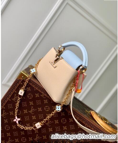 Top Quality Louis Vuitton Capucines Mini Bag in Taurillon Leather with Lovelock Chain M23951 Beige/Blue 2024