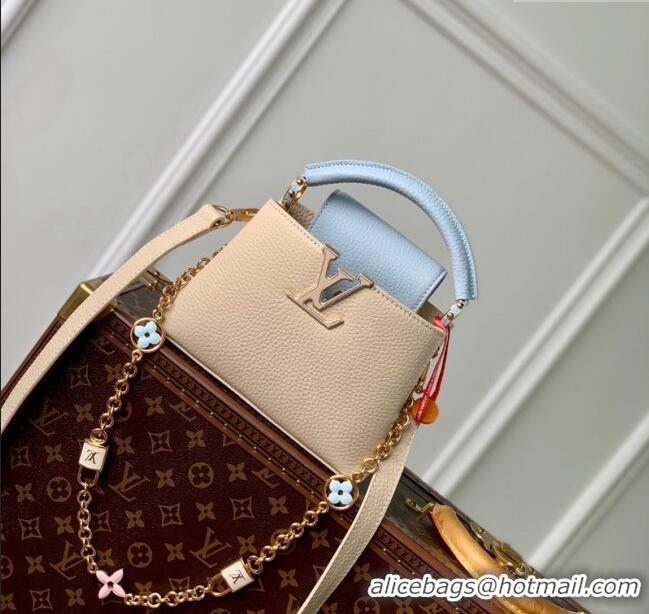 Top Quality Louis Vuitton Capucines Mini Bag in Taurillon Leather with Lovelock Chain M23951 Beige/Blue 2024