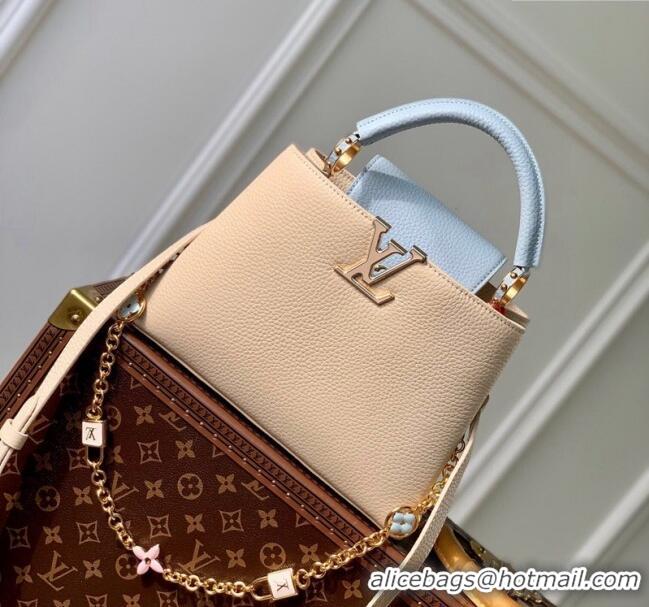 Well Crafted Louis Vuitton Capucines BB Bag in Black Taurillon Leather with Lovelock Chain M23950 Beige/Blue 2024