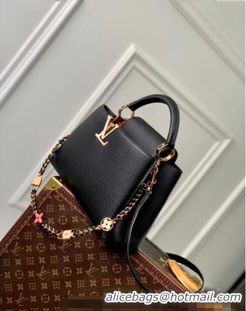 Best Grade Louis Vuitton Capucines MM Bag in Black Taurillon Leather with Lovelock Chain M23950 2024