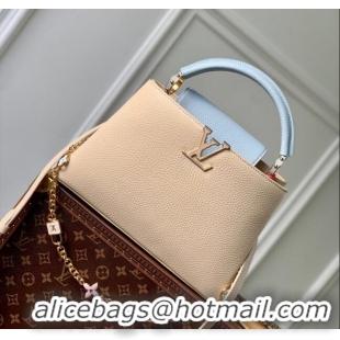 Luxurious Cheap Louis Vuitton Capucines MM Bag in Taurillon Leather with Lovelock Chain M23950 Beige/Blue 2024