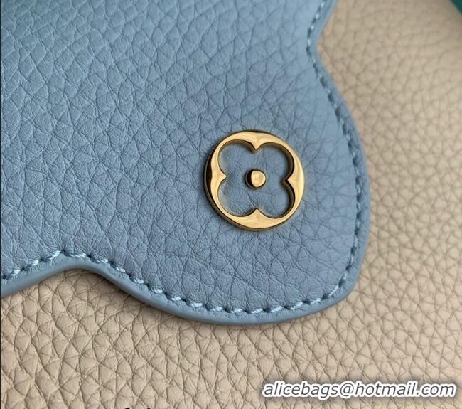 Luxurious Cheap Louis Vuitton Capucines MM Bag in Taurillon Leather with Lovelock Chain M23950 Beige/Blue 2024