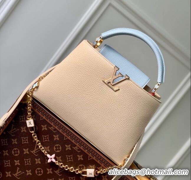 Luxurious Cheap Louis Vuitton Capucines MM Bag in Taurillon Leather with Lovelock Chain M23950 Beige/Blue 2024