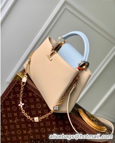 Luxurious Cheap Louis Vuitton Capucines MM Bag in Taurillon Leather with Lovelock Chain M23950 Beige/Blue 2024